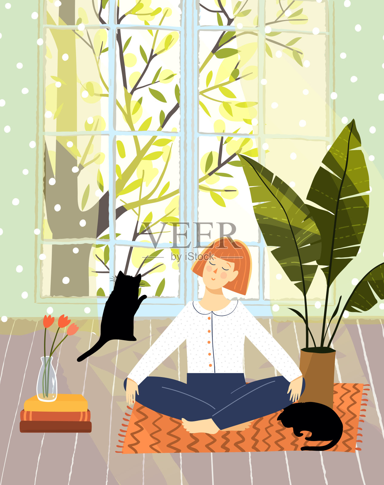 舒适的家公寓设计女孩放松与猫和植物在家里。平面手绘矢量字符和内部插图。插画图片素材