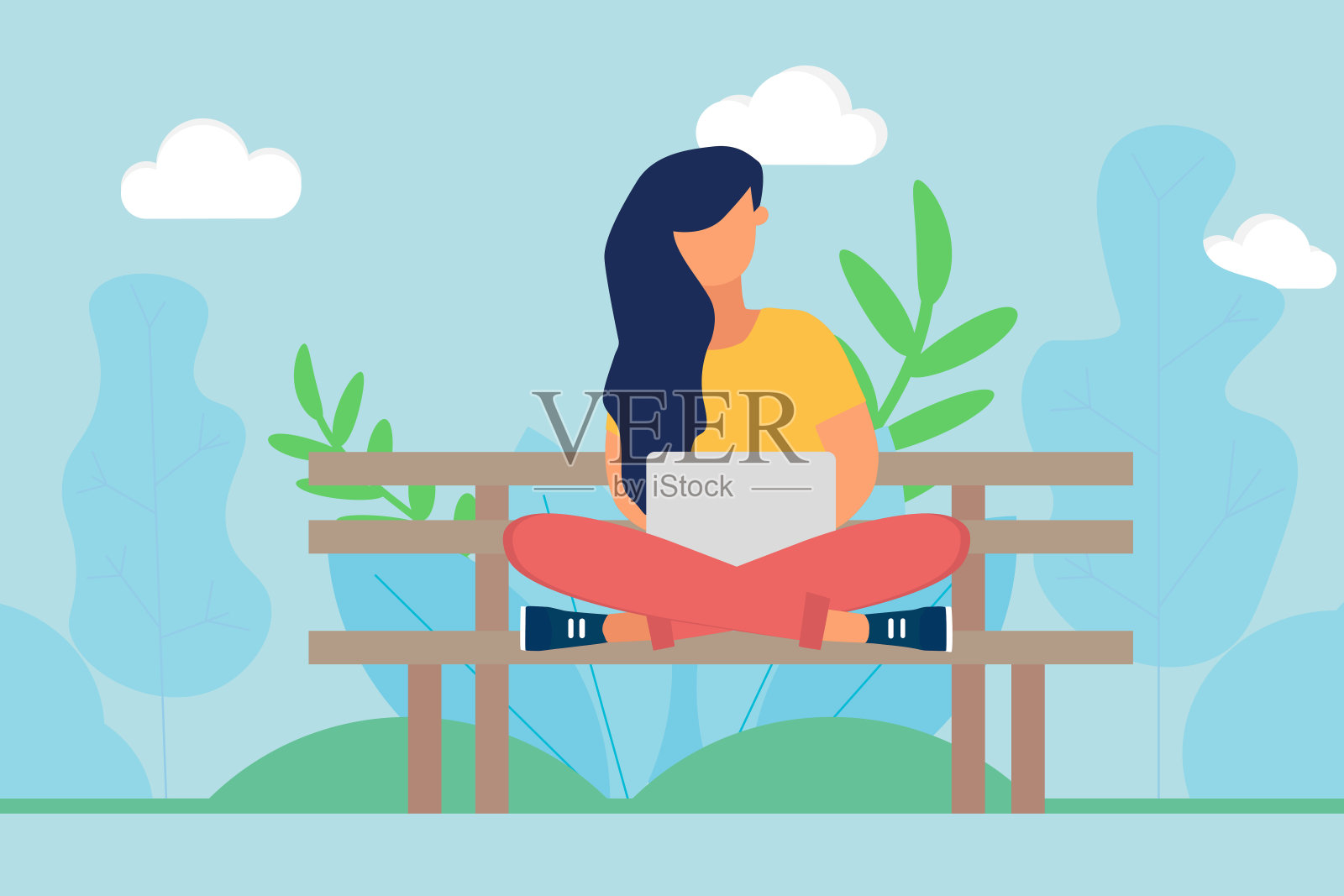 一个女人坐在公园的长椅上，在春日使用笔记本电脑插画图片素材