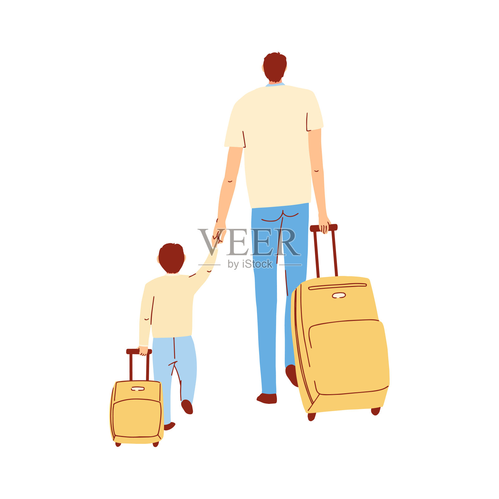 插图的父亲和儿子手牵着手，他们的手提箱插画图片素材