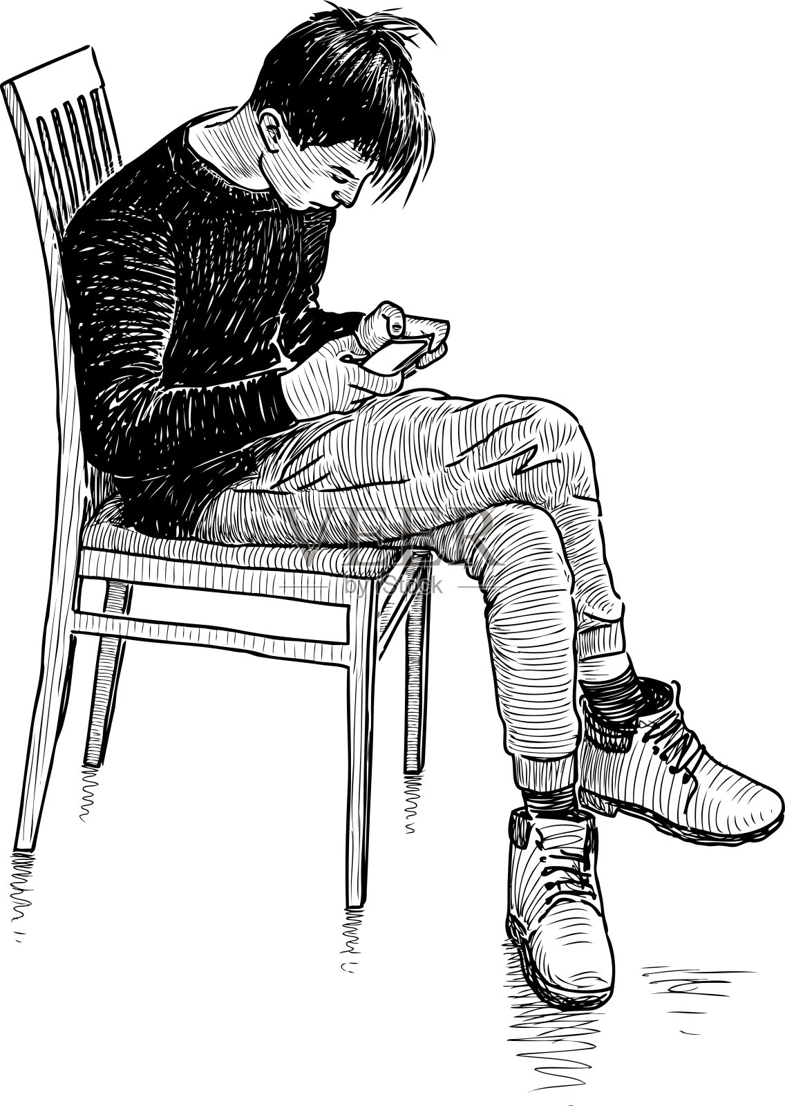 一个十几岁的男孩坐在椅子上看他的手机插画图片素材