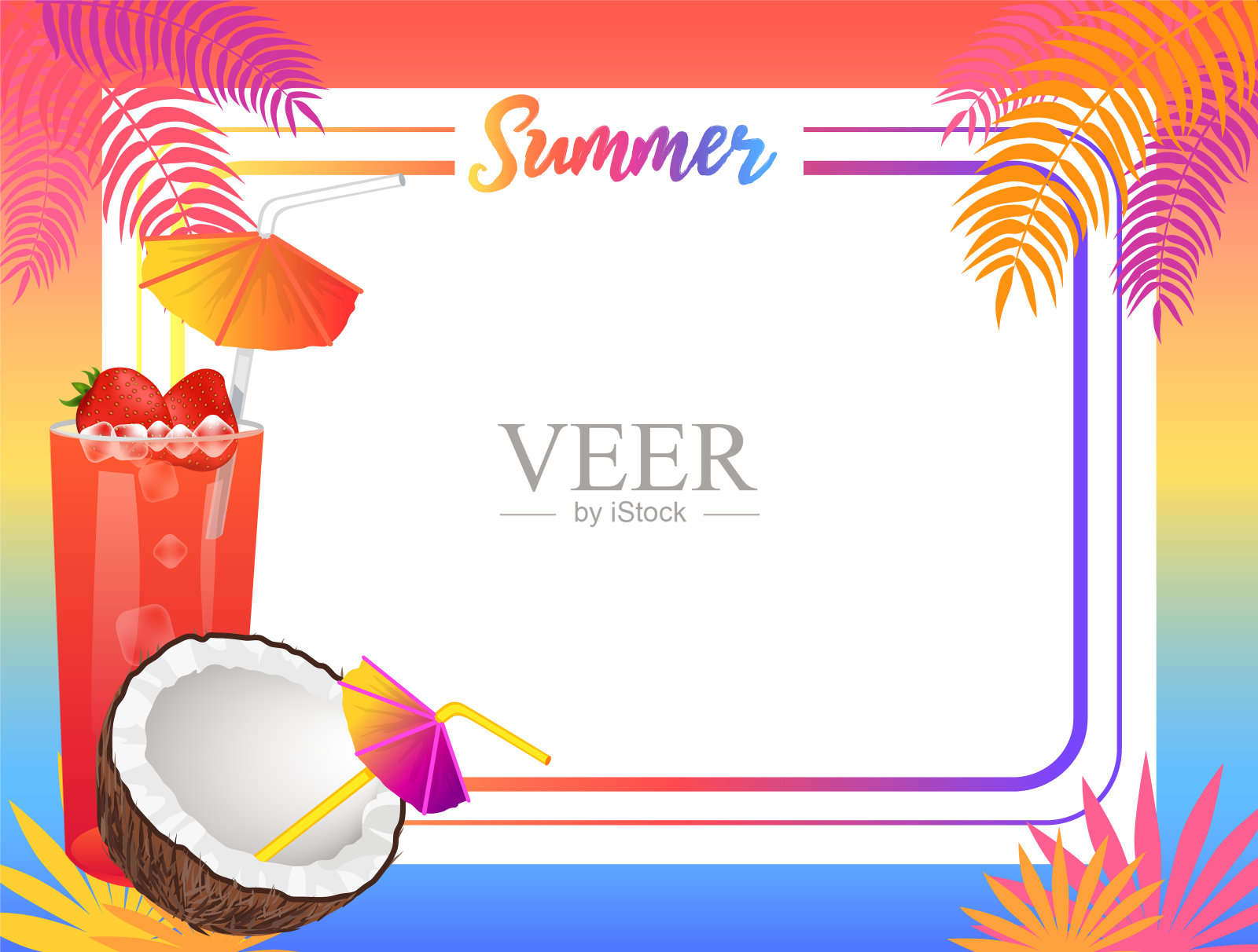 夏季空框架椰子和甜鸡尾酒插画图片素材