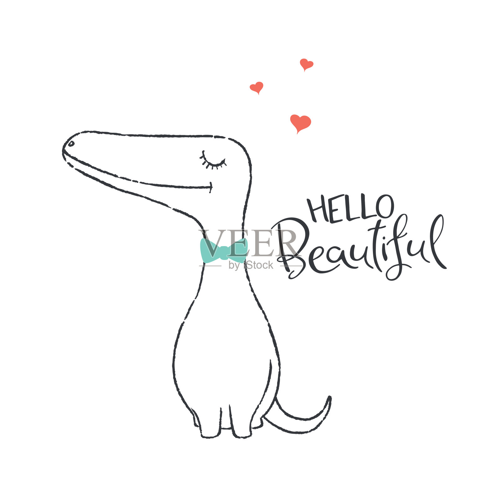恋爱中的可爱恐龙。程式化的刻字插画图片素材