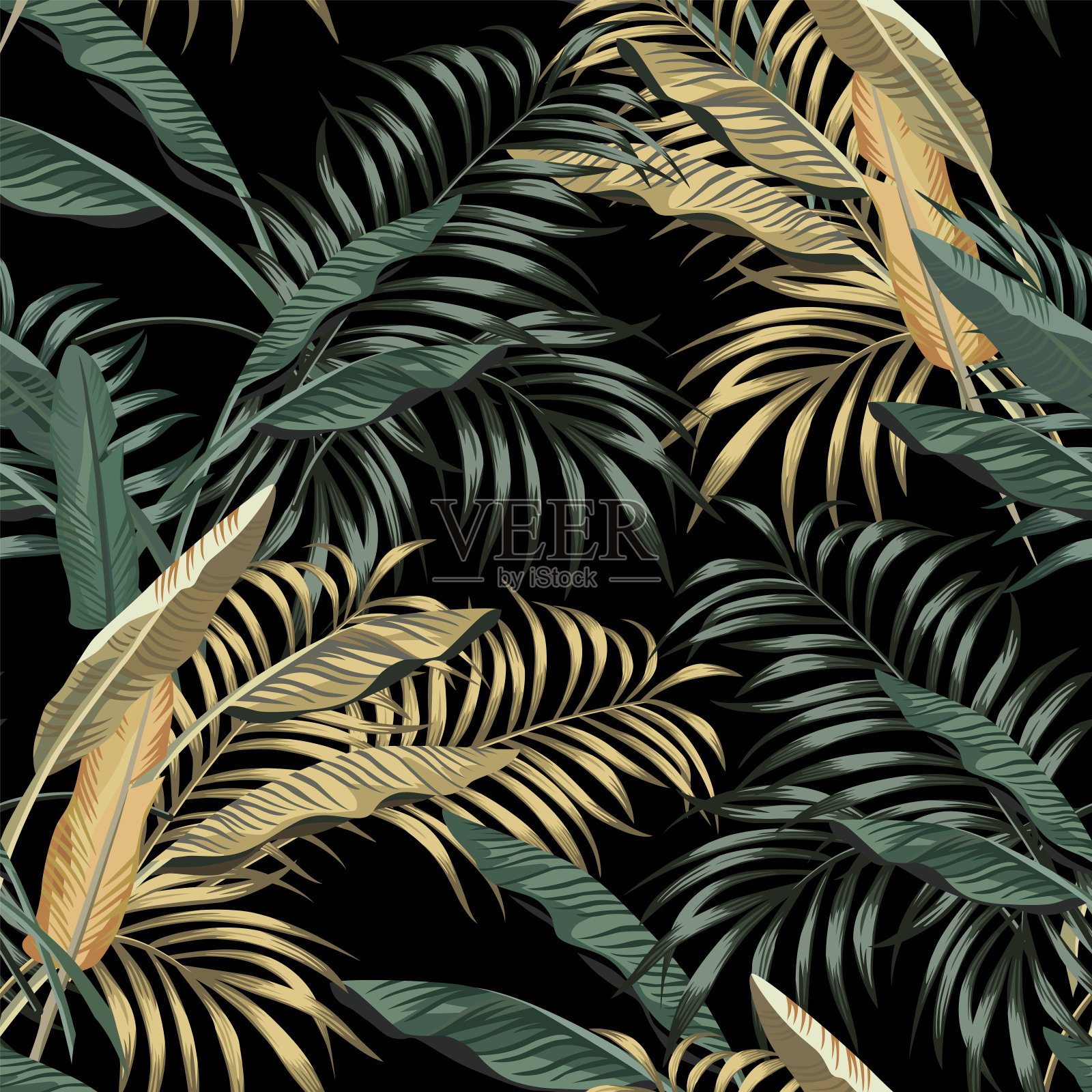 热带香蕉叶无缝黑色背景插画图片素材