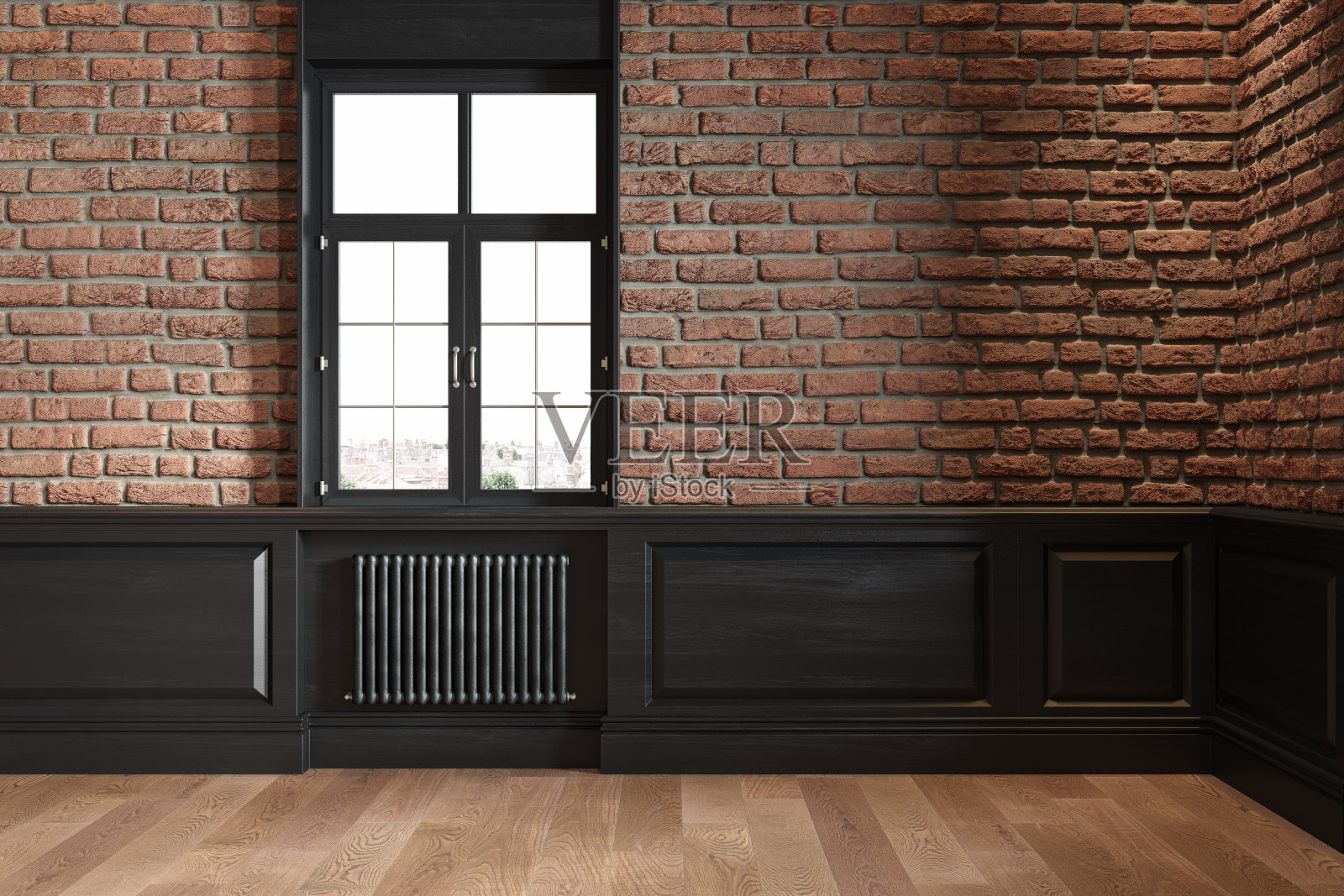 阁楼内部砖墙，墙板，窗户，散热器和木地板。3d渲染插图模拟。照片摄影图片