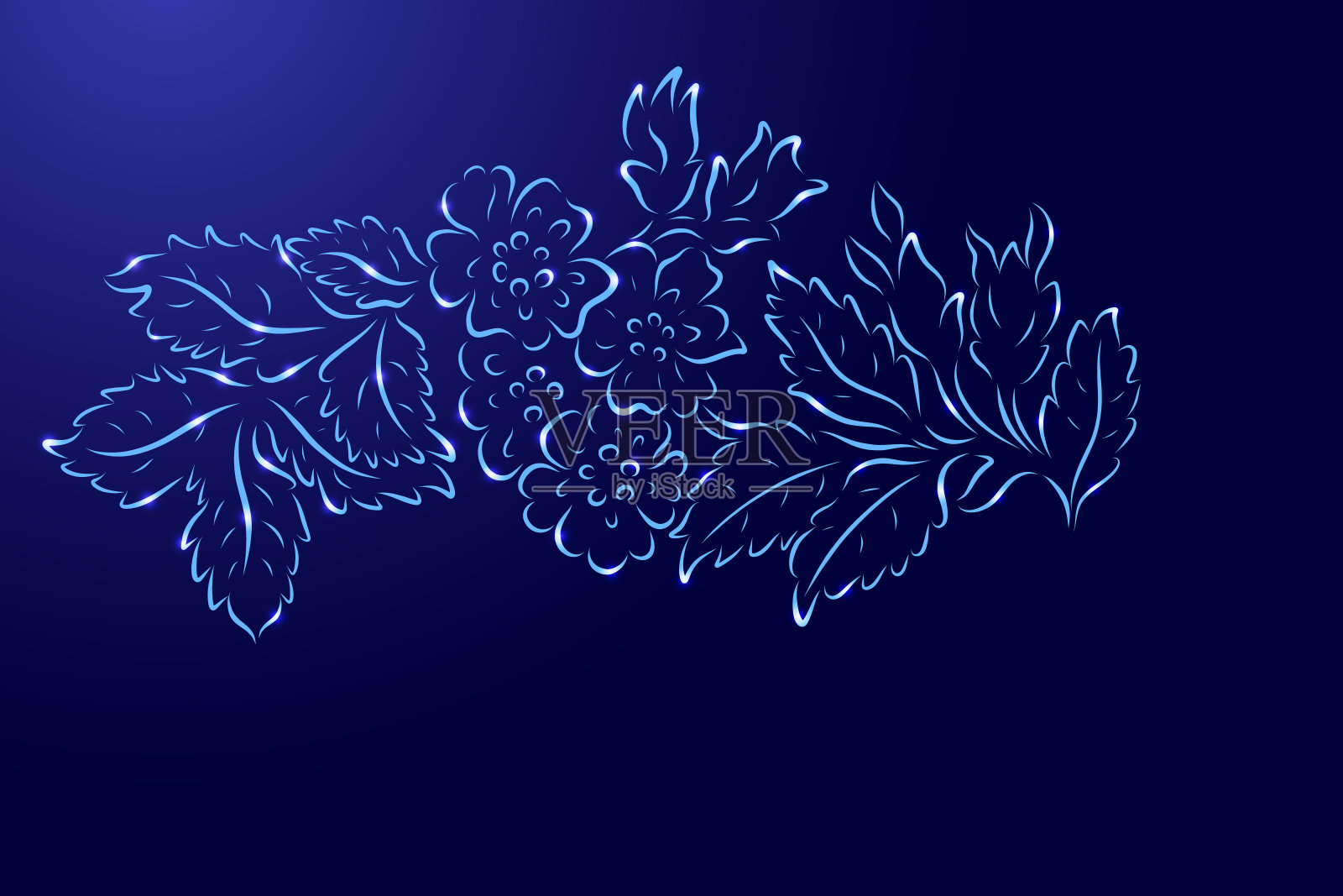 花叶图案从植物的轮廓经典蓝色刷线不同的粗细和发光的星星在黑暗的背景。矢量插图。插画图片素材