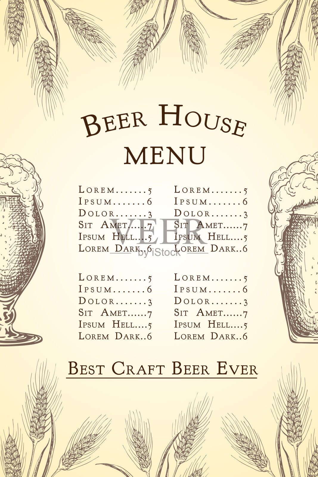 矢量手绘啤酒吧或酒吧菜单模板。复古雕刻啤酒屋背景。示意图说明。啤酒标签与眼镜和小麦，大麦穗。酒精饮料餐厅菜单海报。设计模板素材