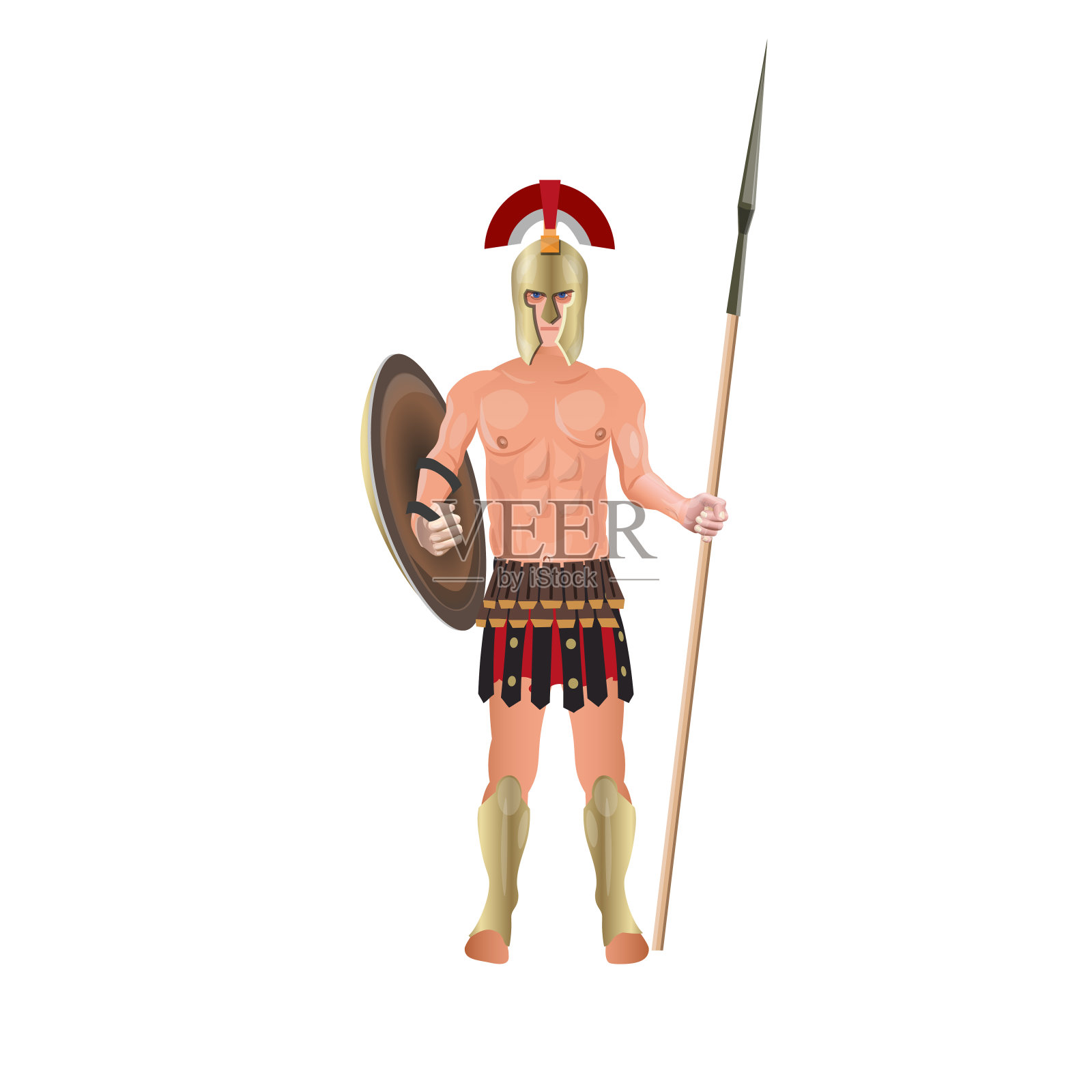 古罗马武士，手持长矛和盾牌插画图片素材
