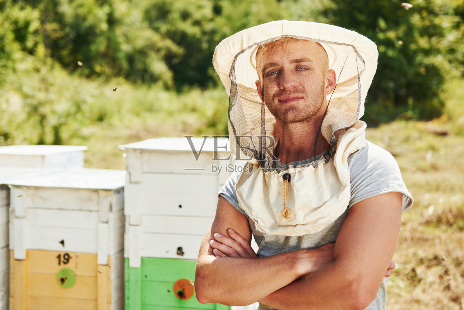 双臂交叉站着。养蜂人在阳光灿烂的日子里在户外用装满蜜蜂的蜂巢工作照片摄影图片