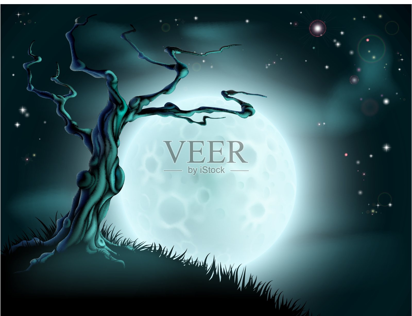 蓝色万圣节月亮树的背景插画图片素材