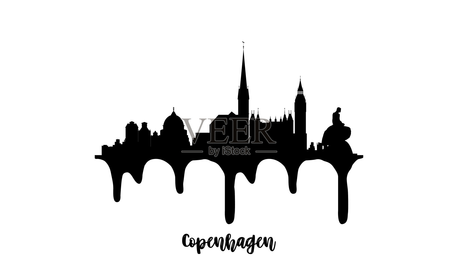 哥本哈根丹麦黑色天际线轮廓矢量插图在白色背景与滴墨效果。插画图片素材