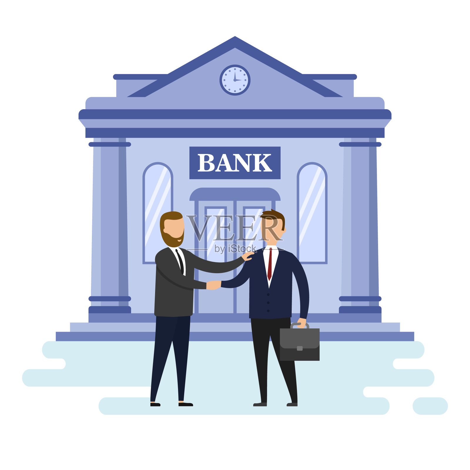 抵押贷款、业务和合伙的概念。两个可爱的成功的商人有一个交易握手彼此在银行大楼的背景。卡通平的风格。矢量图插画图片素材