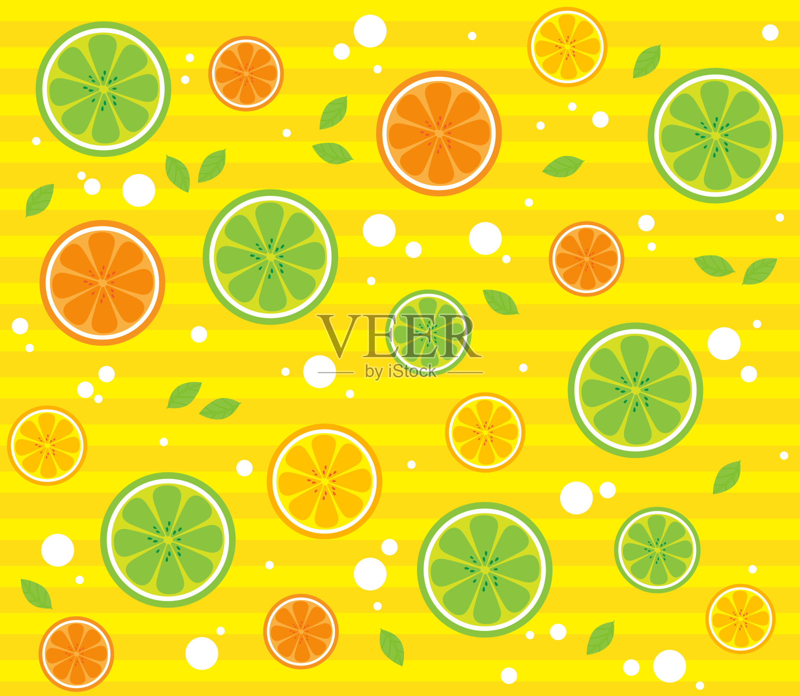 卡通漂亮的酸橙或柠檬和橙色水果图案的黄色背景，矢量插图。插画图片素材