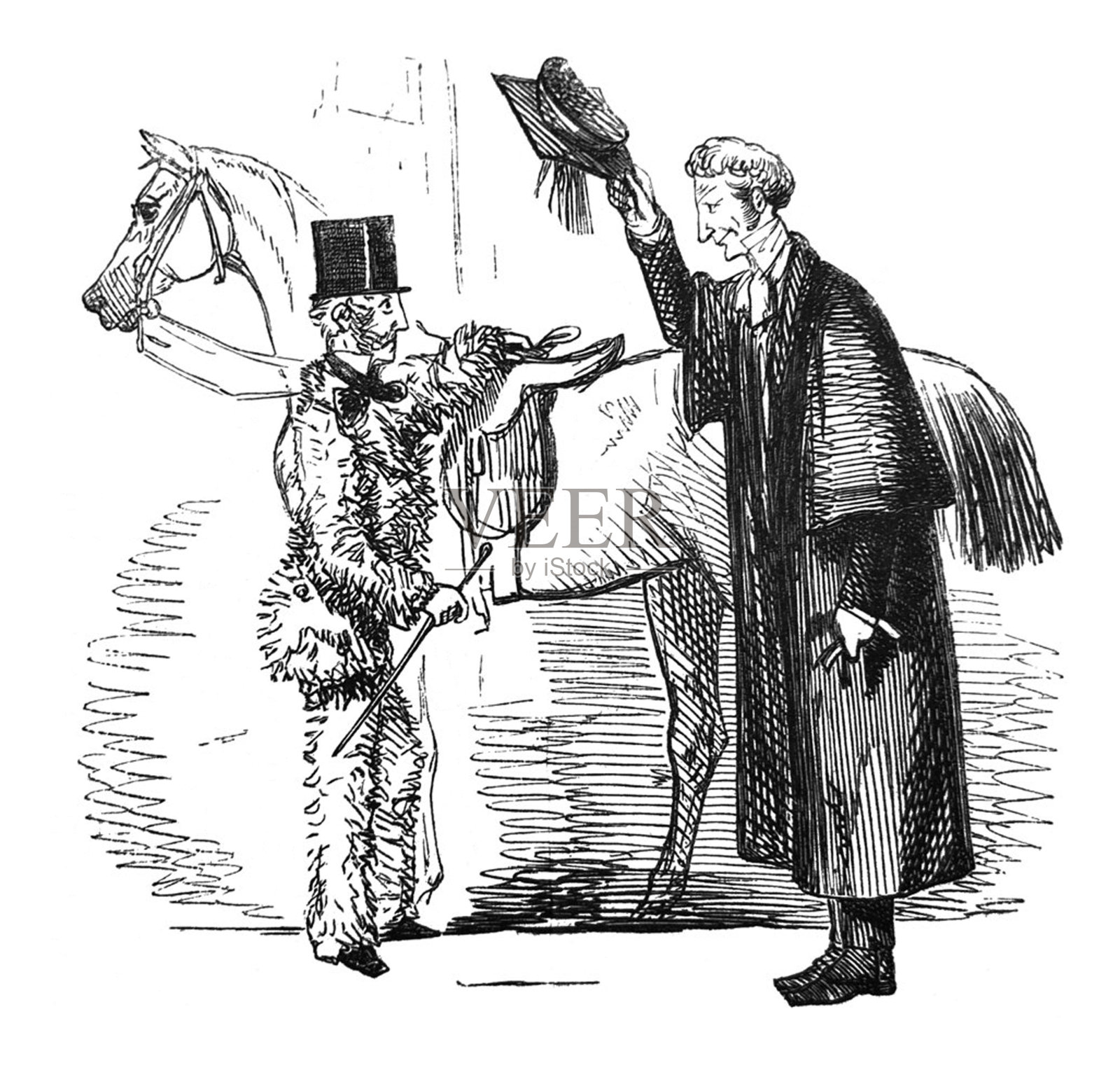 英国讽刺漫画漫画插图，一个人穿着毛茸茸的衣服牵着一匹马，一个人向他脱帽致意插画图片素材