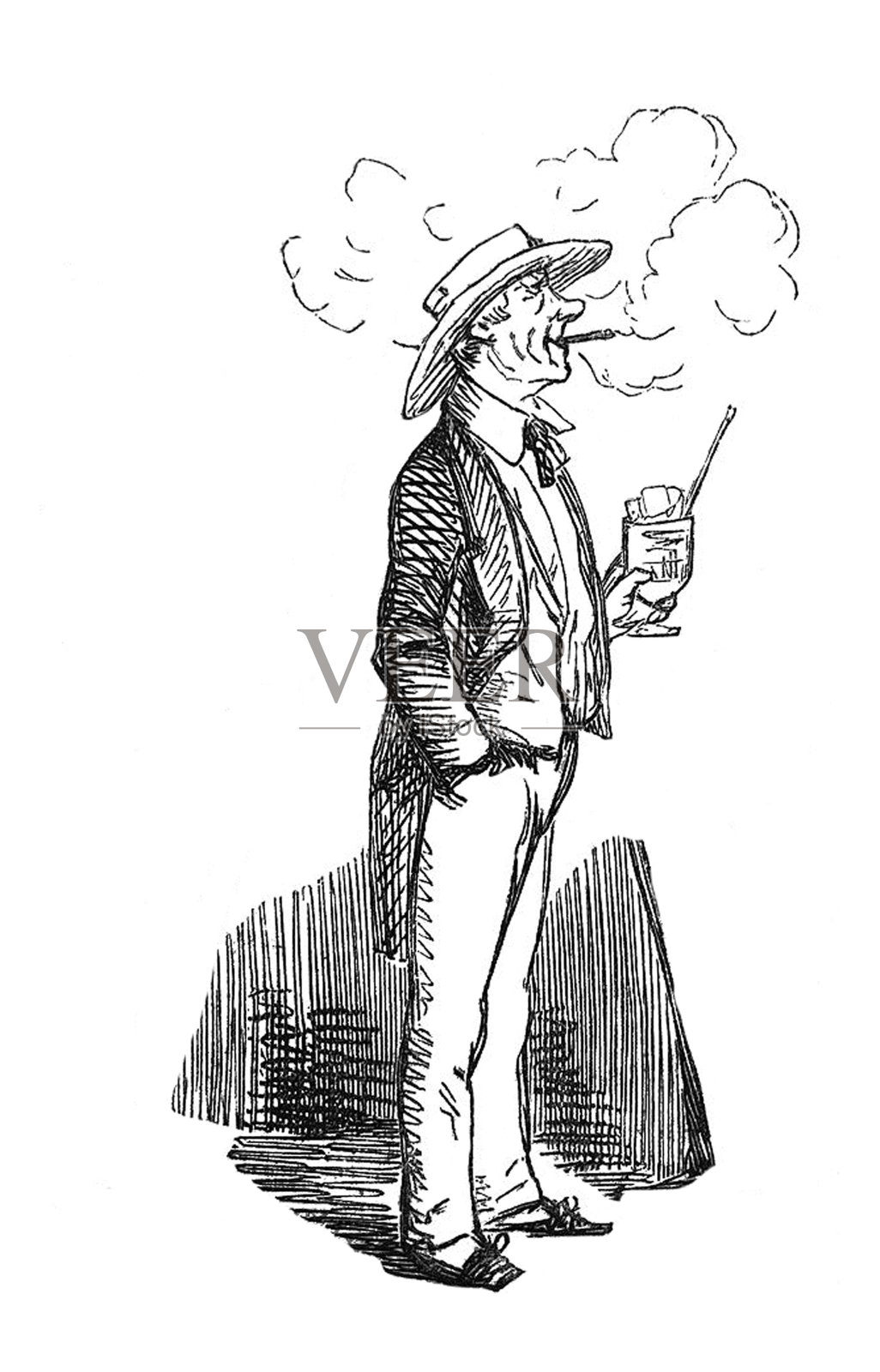 英国讽刺漫画漫画插图-男人的手在口袋里拿着饮料和吸烟插画图片素材