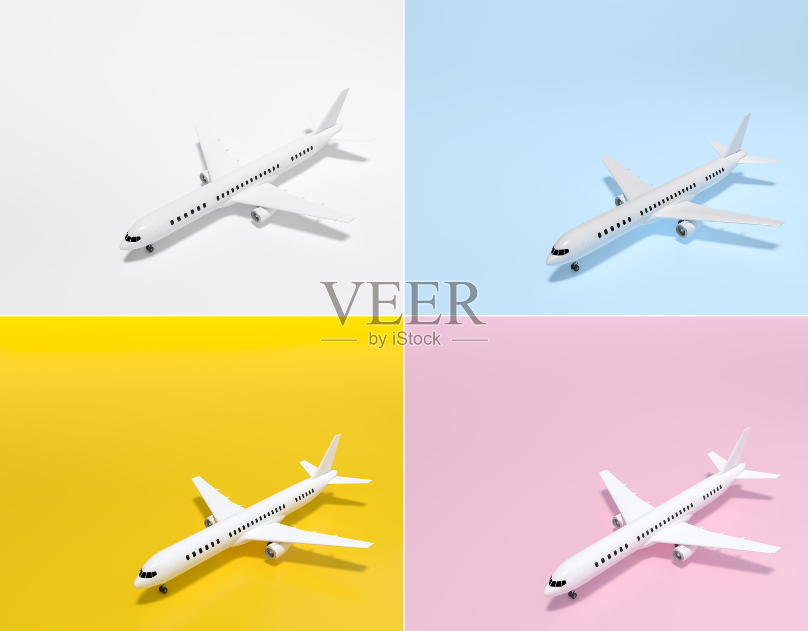 模型飞机，飞机在粉彩背景设置3d渲染。三维插图的旅游，旅游，交通和假日卡片模板最小的概念与文本空间。照片摄影图片