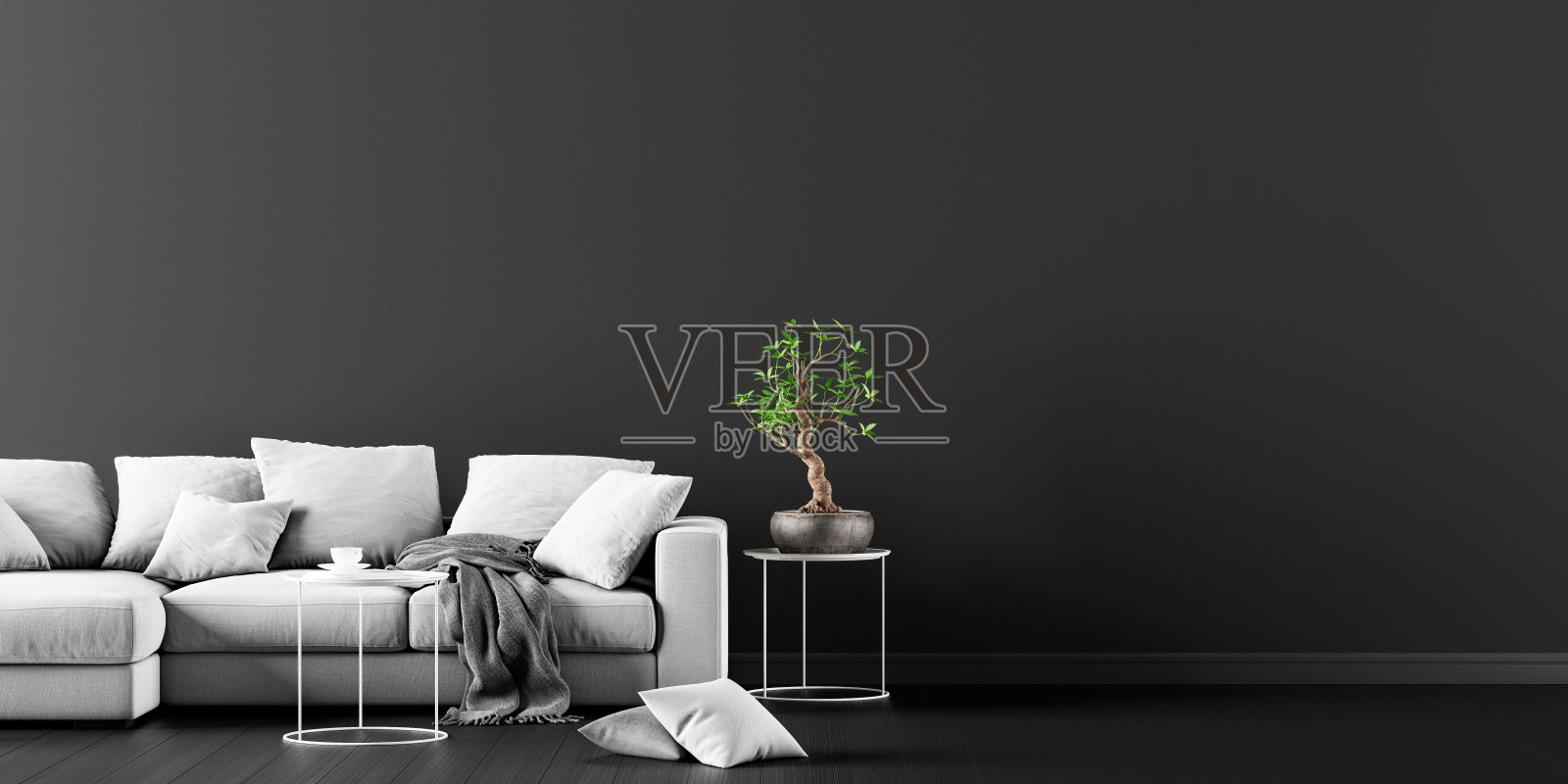 黑灰客厅的现代概念室内设计，3d渲染照片摄影图片
