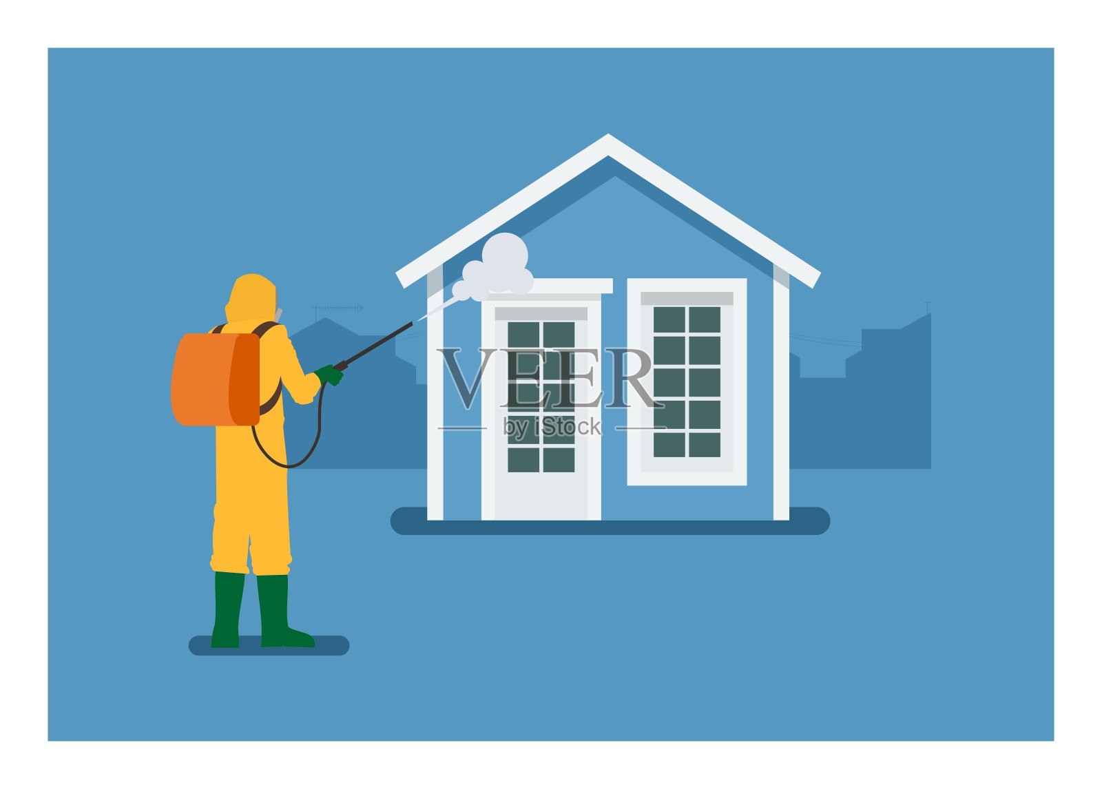 喷洒者喷洒房屋建筑。预防病毒的传播。简单的平面插图设计元素图片