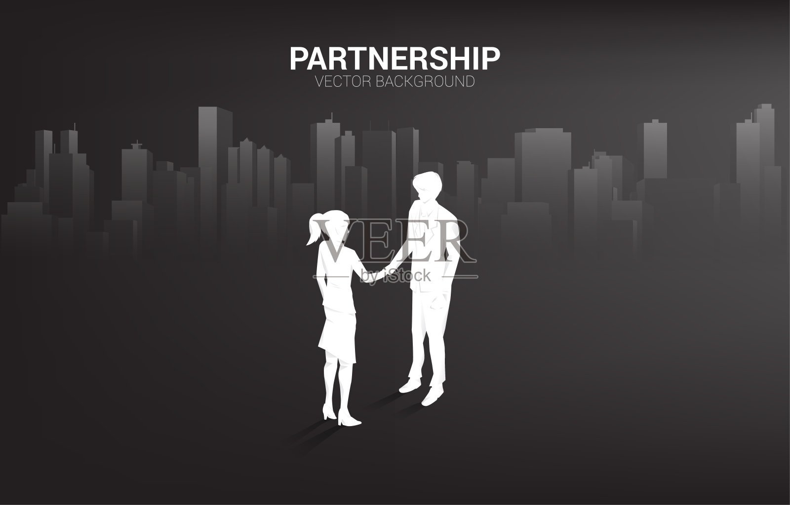 剪影的商人和商人握手与城市背景。插画图片素材