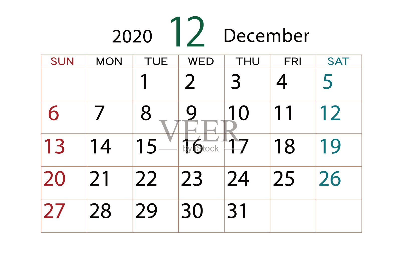 2020年12月日历表高清图片
