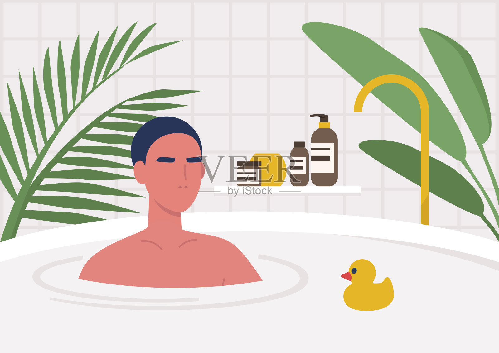 年轻的男性角色正在洗澡，现代的生活方式，波西米亚别致的室内植物和化妆品插画图片素材