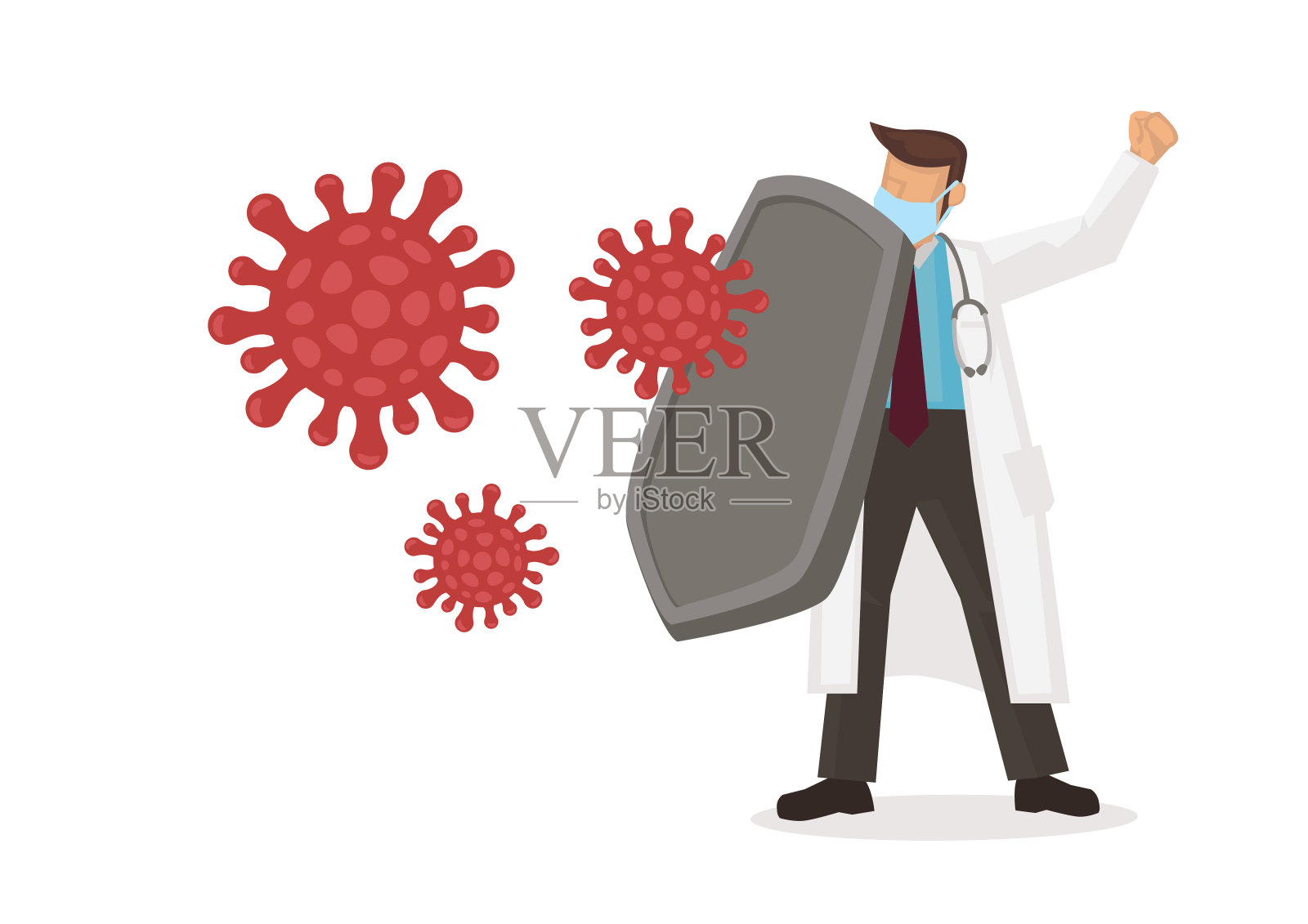 医生戴着防冠状病毒的盾牌。流行病或大流行的概念。插画图片素材
