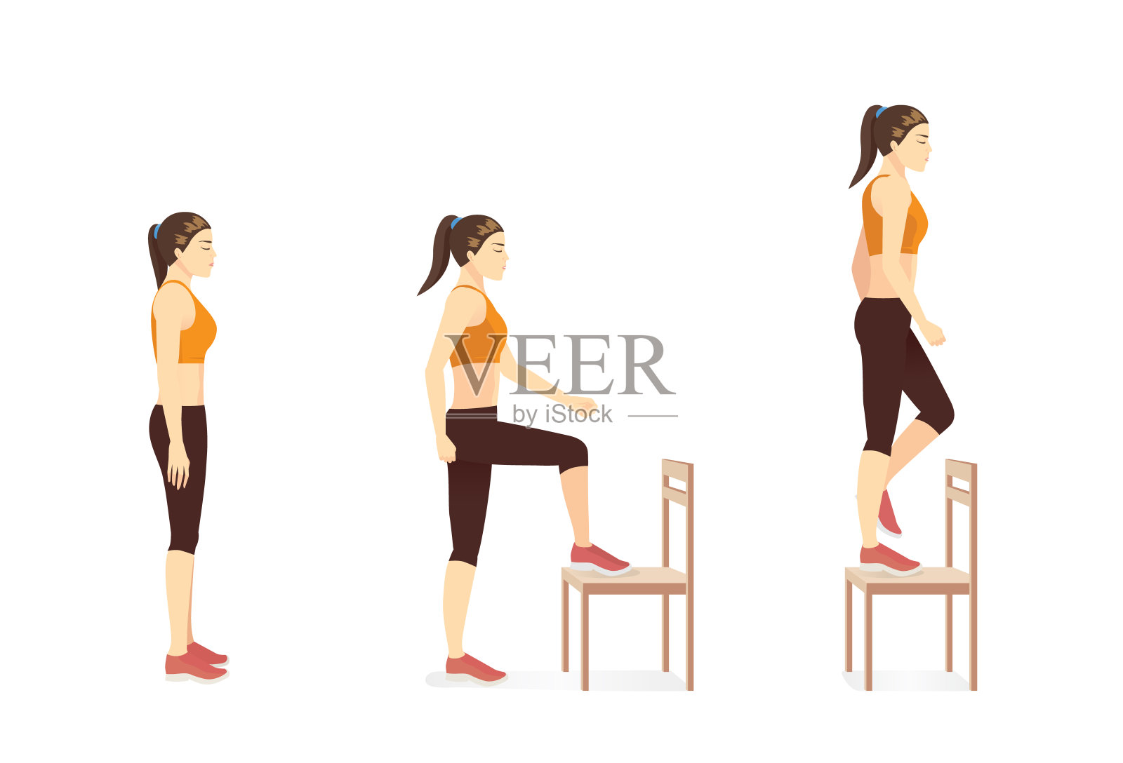 女人通过站在椅子上做踏步运动。在家锻炼身体。设计元素图片