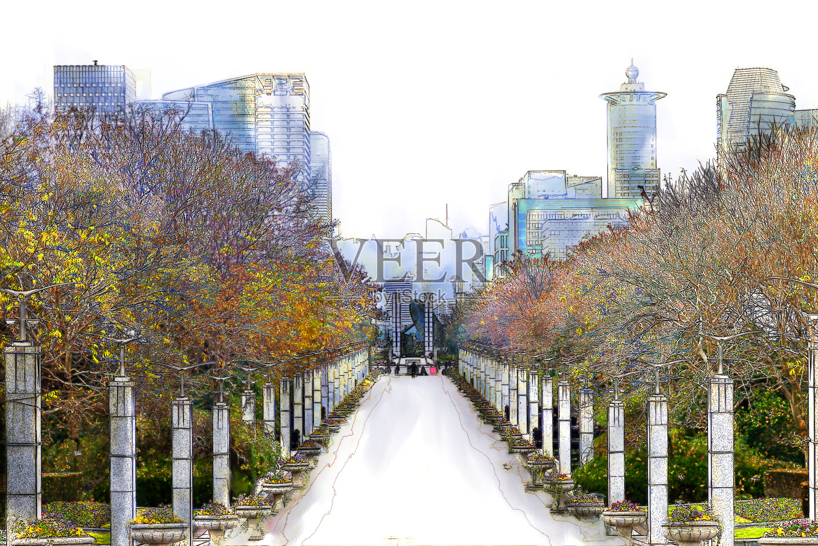 中国上海的入口公园和现代建筑城市景观的数字水彩画和绘图-插画插画图片素材