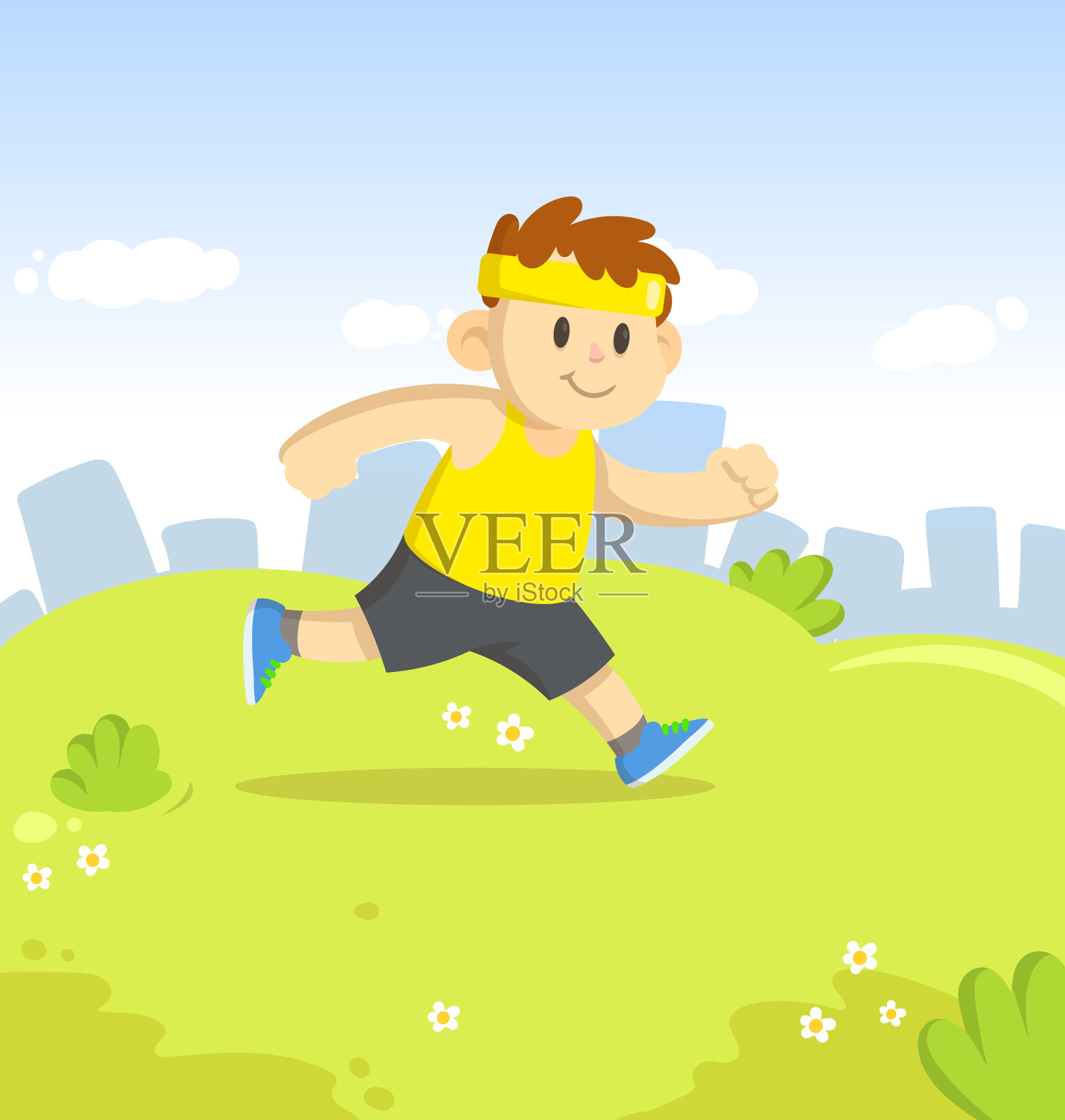 微笑的男孩在城市公园里奔跑。运动和健身。卡通矢量平面插图。插画图片素材