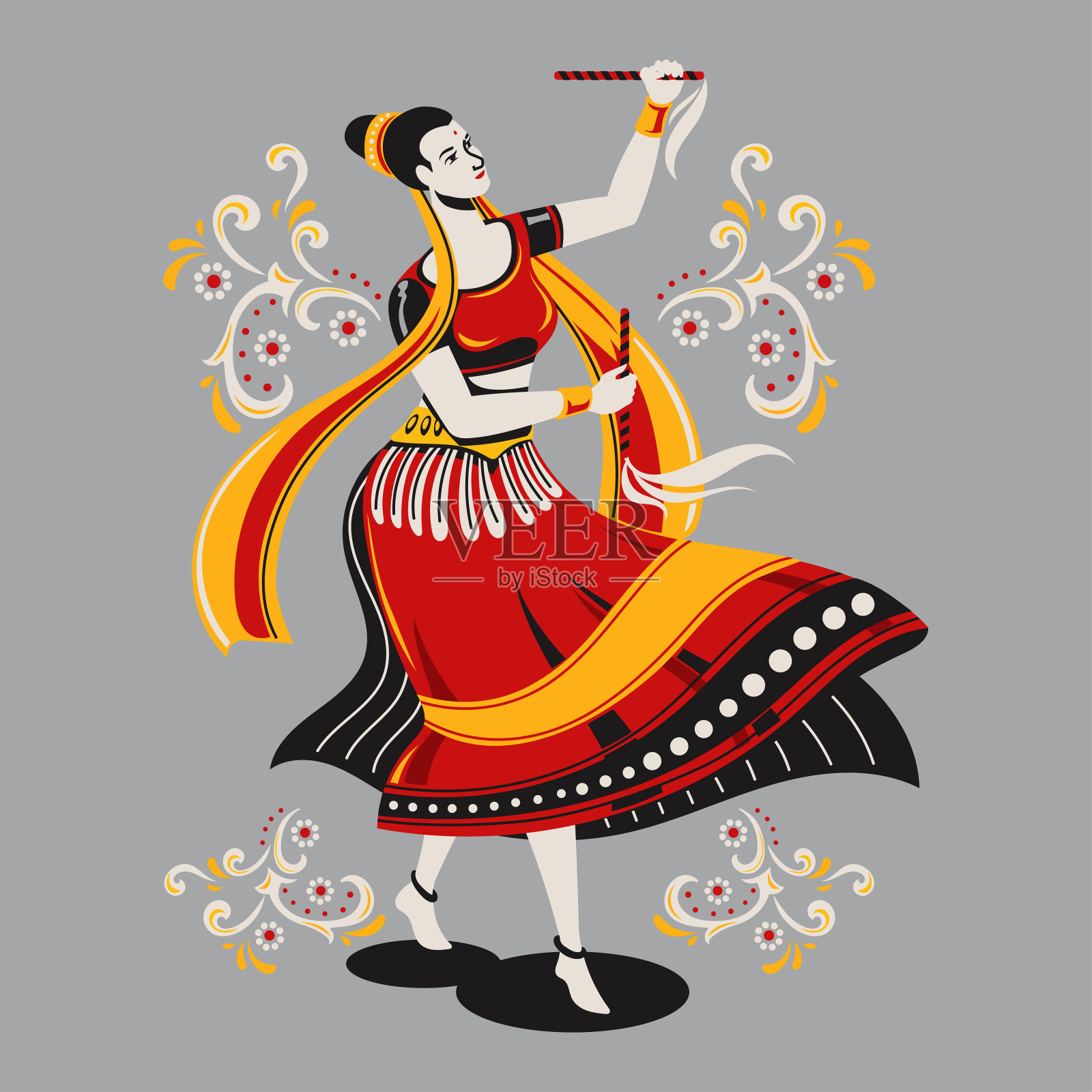 在Navratri的Dussehra Dandiya之夜女子演奏garba舞蹈的矢量设计插画图片素材
