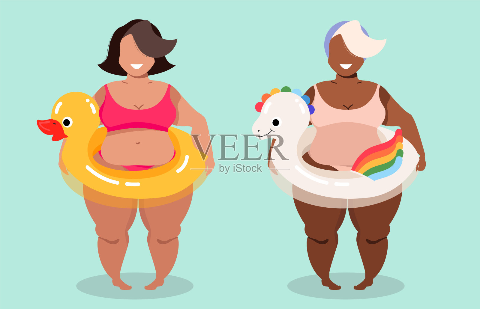 女孩和游泳环。穿着泳衣的胖女人。女性角色。彩池环-独角兽和黄色浴鸭。夏天的概念。身体正面现代插图web和打印使用。插画图片素材