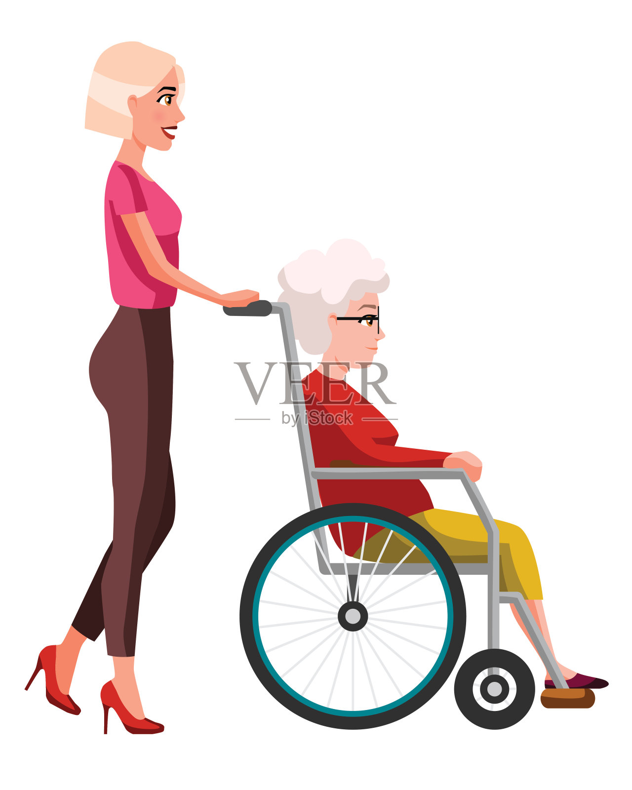 矢量插图的年轻妇女推轮椅与老年妇女。卡通现实的人。平的女人。侧视图。祖母，有残疾的老人。插画图片素材