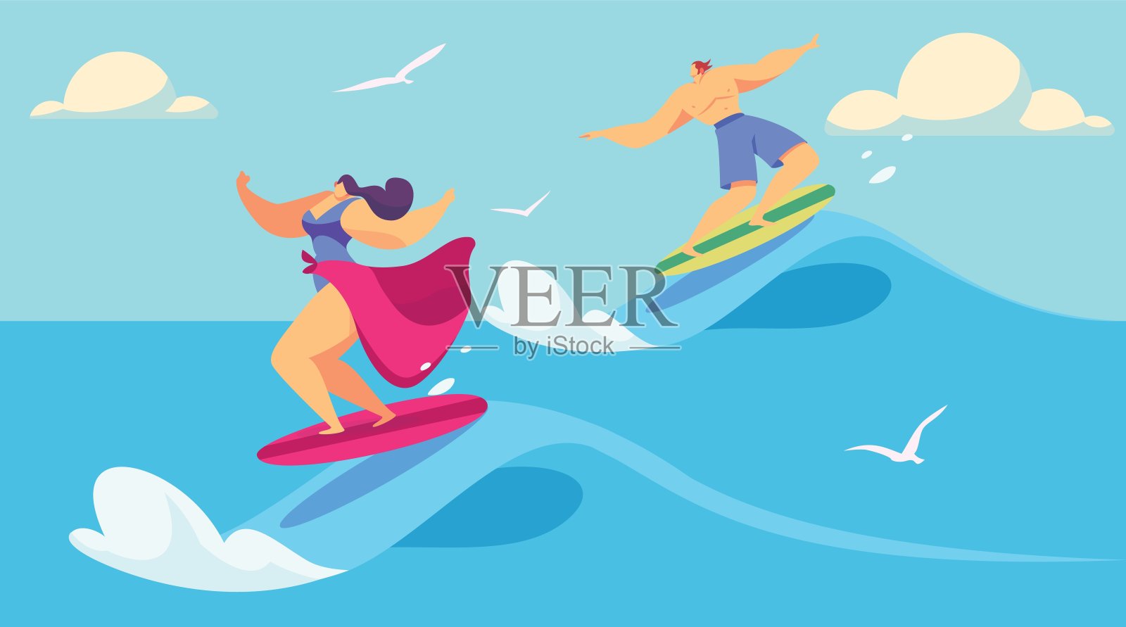 人们在海上冲浪，男人和女人在冲浪板上，矢量插图插画图片素材