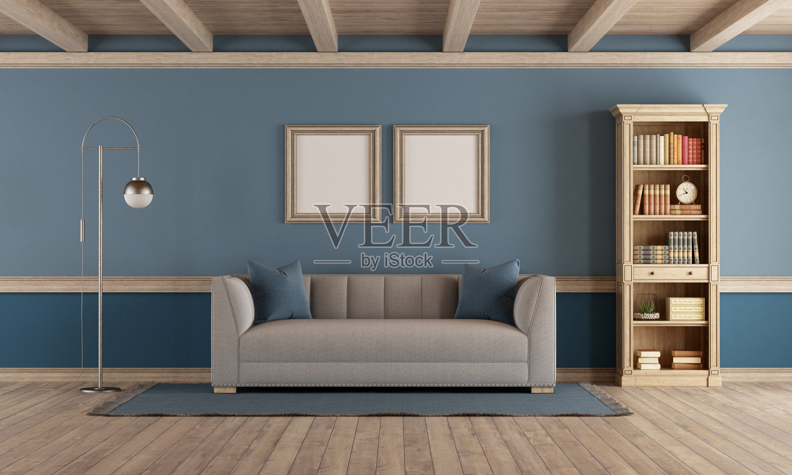 经典风格的客厅与复古家具和蓝色墙壁- 3d渲染照片摄影图片