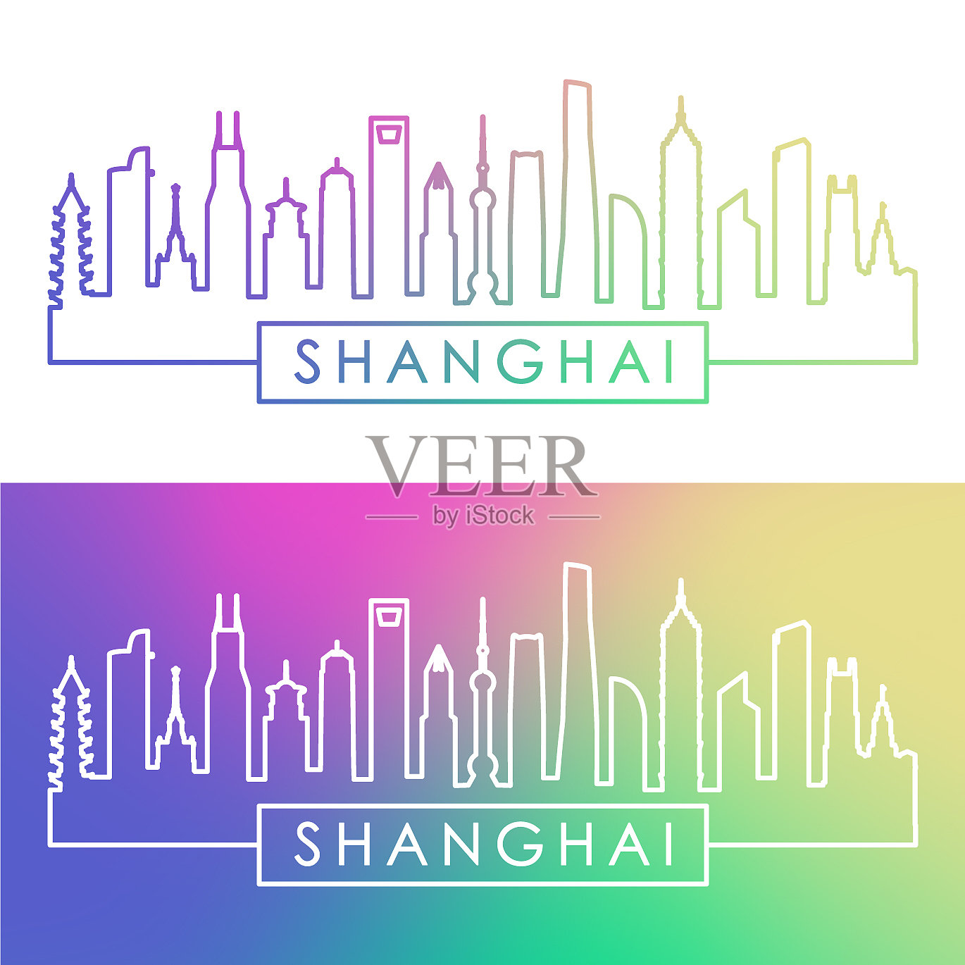 上海城市天际线色彩斑斓线性风格插画图片素材