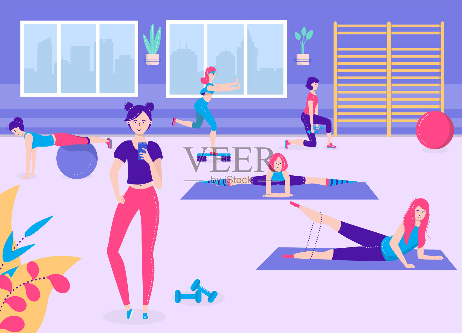 积极健身女孩矢量插图，卡通平面青年运动群体女性人物在运动服一起在健身房做运动锻炼插画图片素材