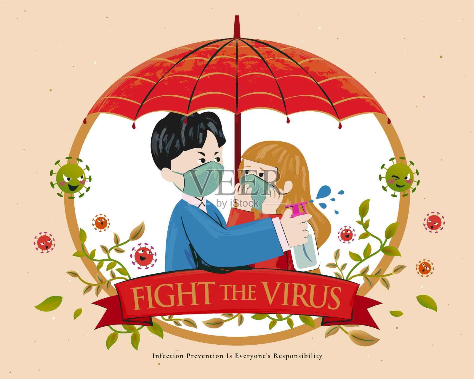 夫妻共同抗击冠状病毒插画图片素材