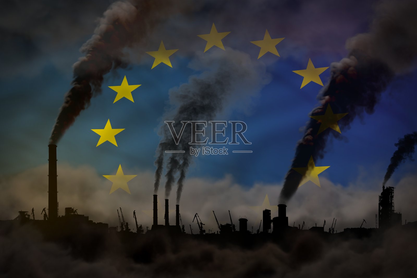 欧盟旗帜上工业管道的浓烟-全球变暖概念，背景为您的标志空间-工业3D插图照片摄影图片