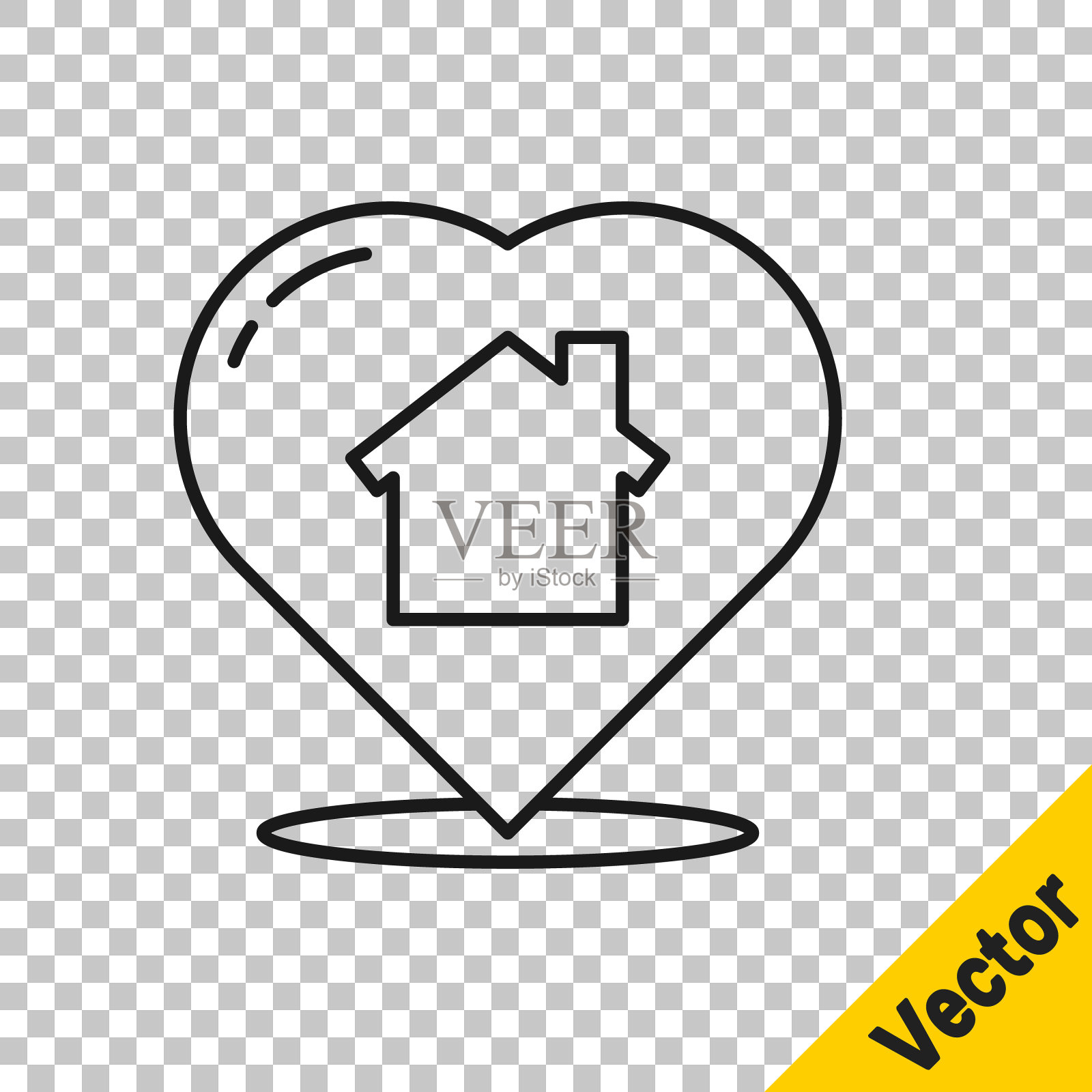 黑色线房子与心脏形状图标孤立在透明的背景。爱家庭的象征。家庭，房地产和房地产。矢量图设计元素图片
