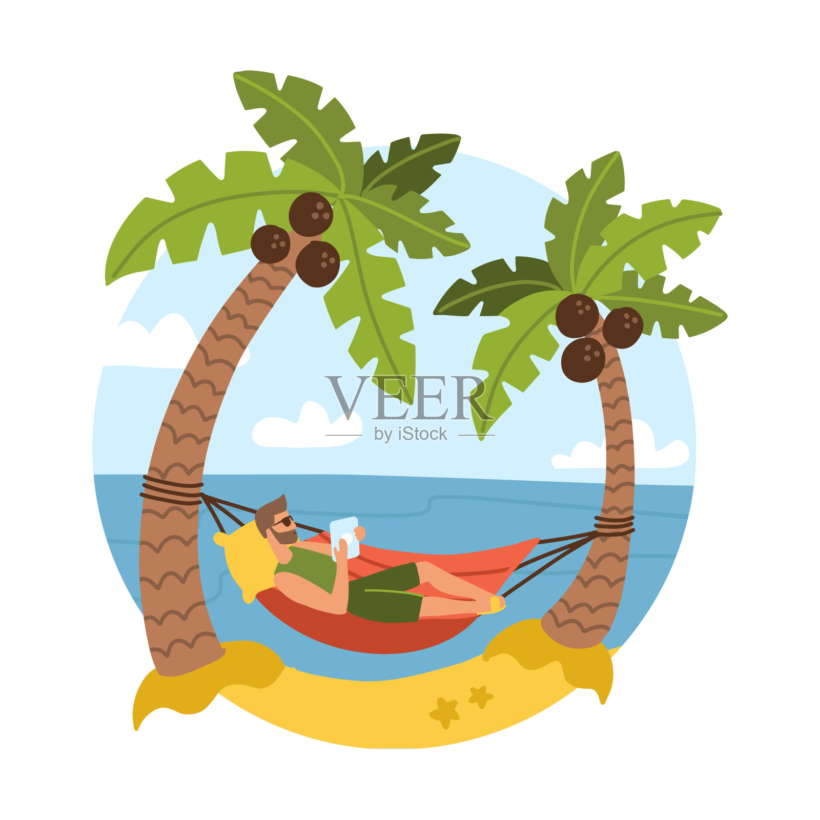 年轻的胡子男子在美丽的热带海滩与蓝色的海洋和棕榈树。椰子树。男子躺在吊床上。矢量插图孤立在白色背景。插画图片素材
