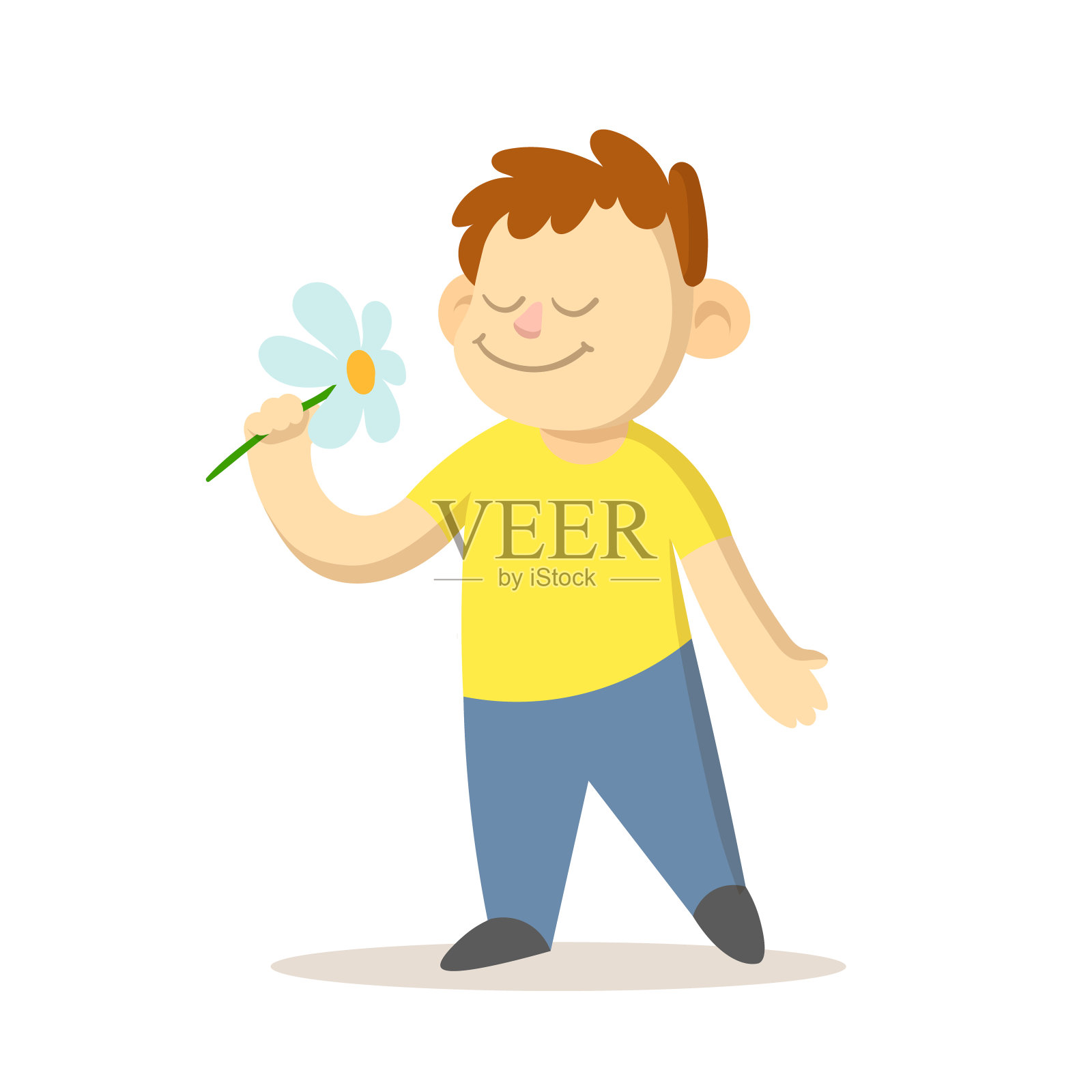 小男孩手里拿着雏菊花。平面矢量插图，孤立在白色背景上。设计元素图片