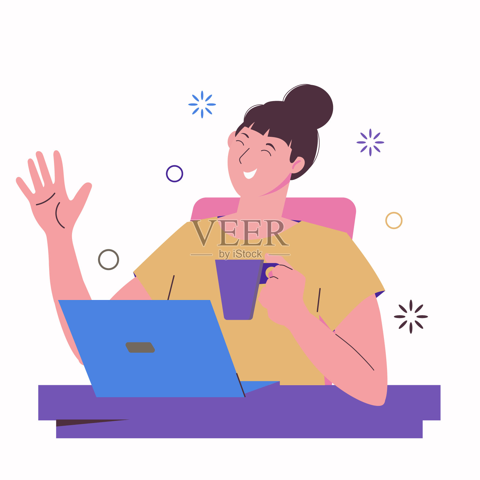 自由职业者女孩在笔记本电脑前工作，用杯子喝水。在家工作，自由职业，远程工作。在线教育，与朋友聊天。在白色背景上孤立的平面插图。插画图片素材
