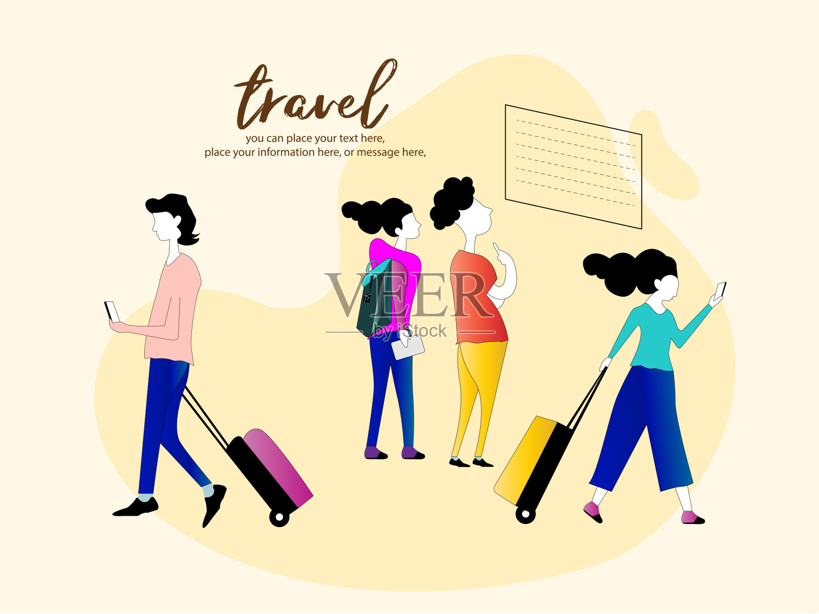 人的飞机行程和旅行包矢量旅行包背景——女人和男人一起旅行。平面卡通网页横幅插画图片素材