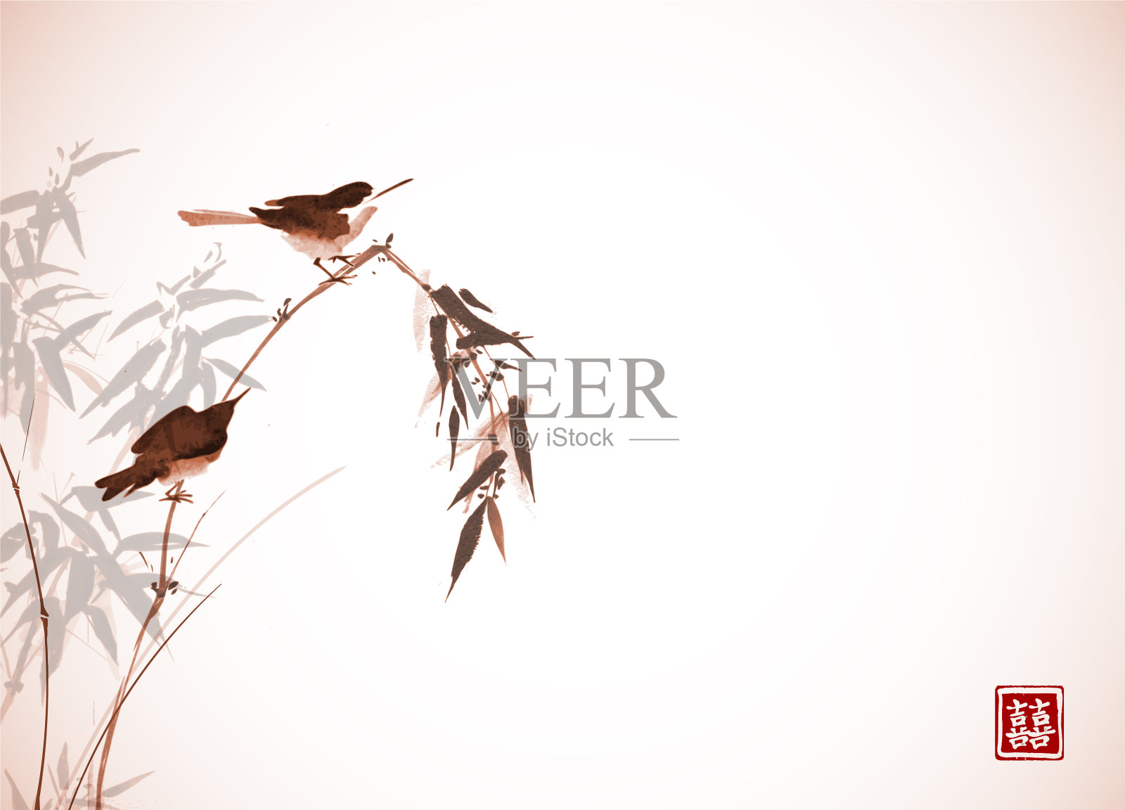 两只小鸟坐在竹枝上插画图片素材