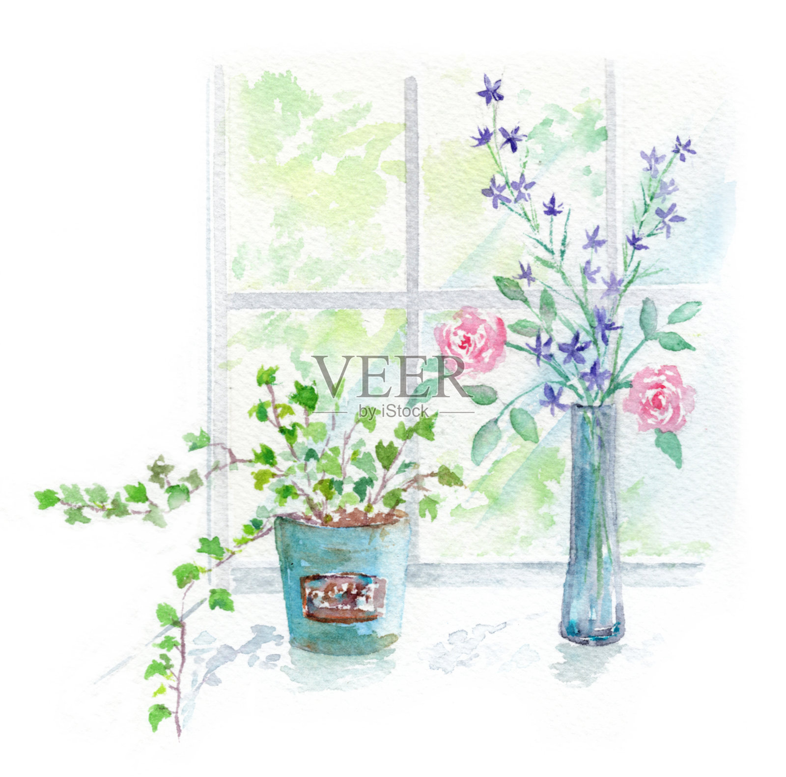 窗户和室内植物的水彩插图。插画图片素材