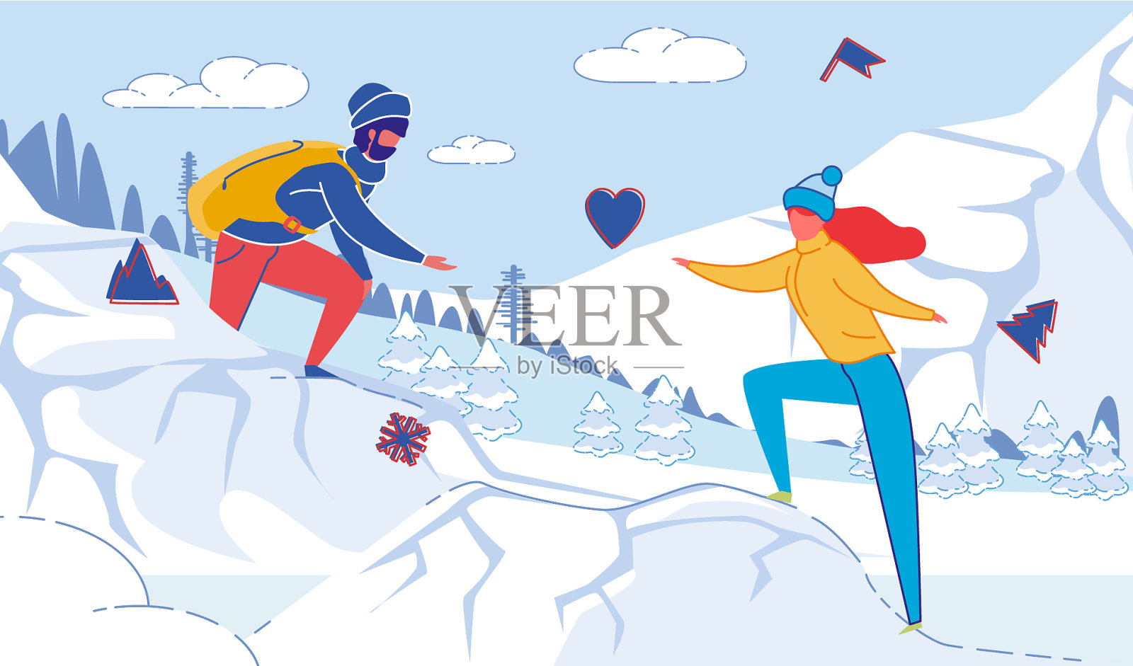 一对年轻情侣在冬天的山上徒步旅行插画图片素材