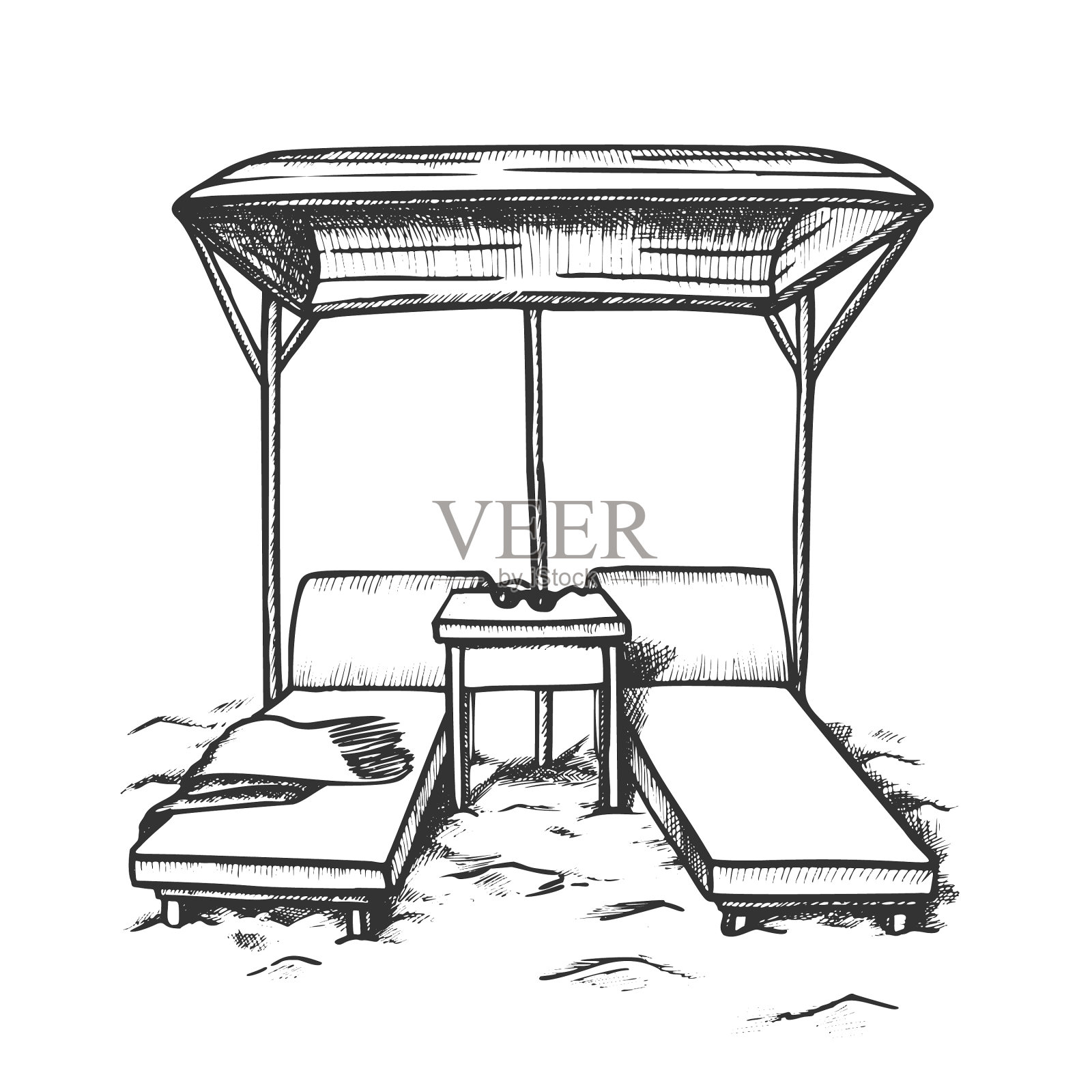 沙滩上复古的遮阳篷下的躺椅设计元素图片