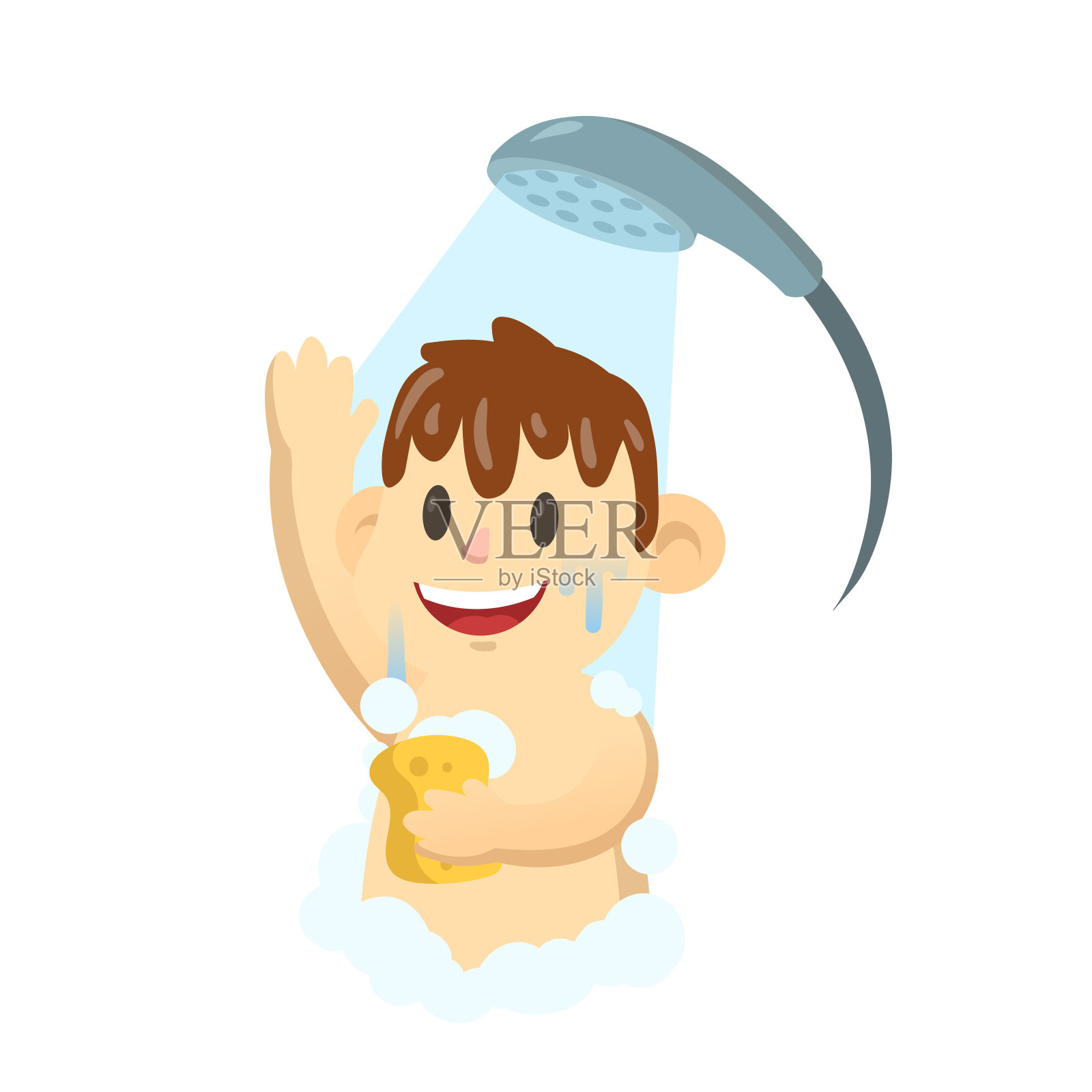 快乐微笑的男孩在浴室洗澡。平面矢量插图，孤立在白色背景上。设计元素图片