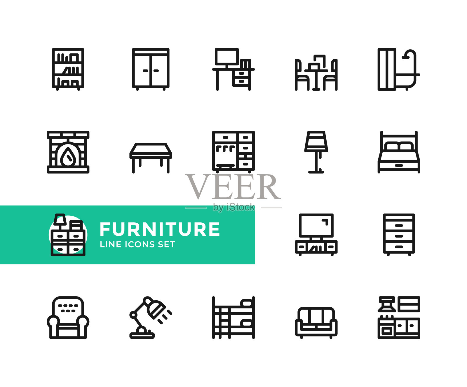 家具矢量线图标。简单的一套轮廓符号，现代线性平面设计元素。家具的图标集。像素完美图标素材