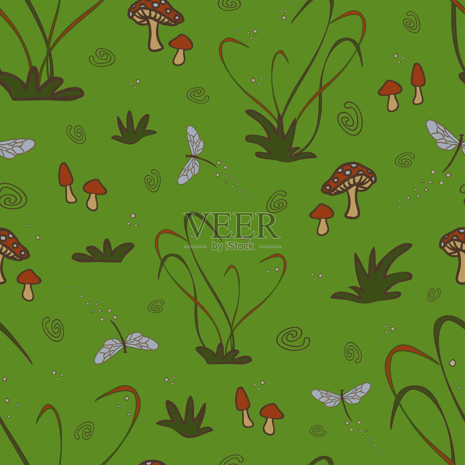 无缝矢量模式蘑菇和蜻蜓的绿色背景。为孩子们设计的神奇森林墙纸。插画图片素材