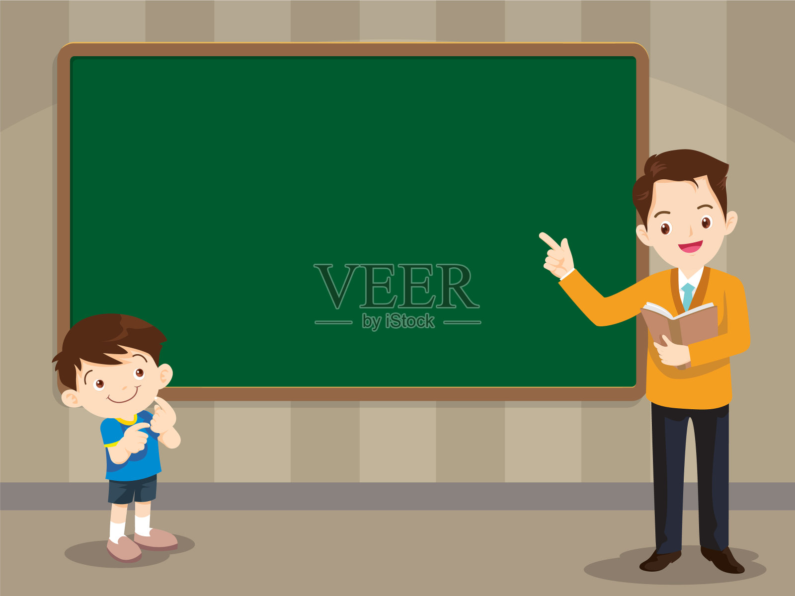 老师和学生男孩站在前面插画图片素材